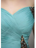 Off Shoulder Beaded Teal Chiffon Pleated Chic Evening Dress